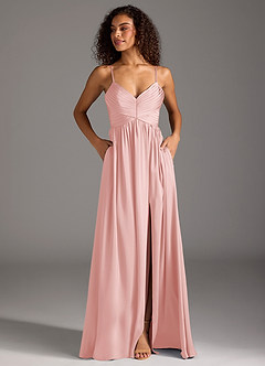Azazie Alia Bridesmaid Dresses Powder Pink A-Line Pleated Stretch Satin Dress image6