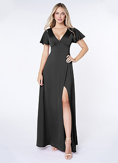 Azazie Lani Bridesmaid Dresses Black A-Line Flounce Sleeve Stretch Satin Dress image1