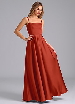 Azazie Elita Bridesmaid Dresses Rust A-Line Pleated Stretch Satin Dress image3