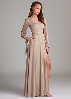 Azazie Leonia Bridesmaid Dresses Taupe A-Line Long Sleeve Mesh Dress image3