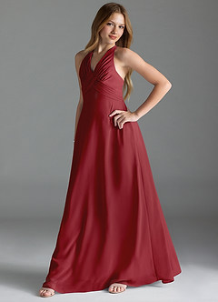 Azazie Tessie Junior A-Linie Plissee Chiffon Kleid Granatapfelrot image3