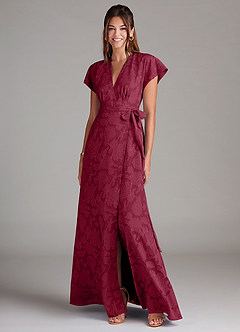 Azazie Ling Bridesmaid Dresses Burgundy A-Line Pleated Floral Burnout Dress image3