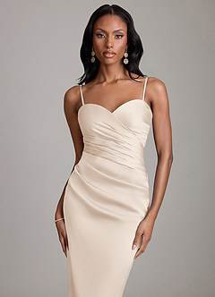 Azazie Sonora Vestidos de damas de honor Vestido de Alabastro Blanco de Satén Elástico de Corte Recto con Sin tirantes image3