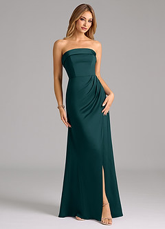 Azazie Aretha Jurken voor bruidsmeisjes Converteerbaar Jurk van Stretch Satijn met A-Lijn Strapless Pijnboom image1