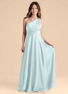 Azazie Charlize Junior Sea Glass A-Line Pleated Stretch Satin Dress image4