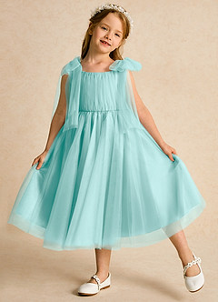 Azazie Dori Robe Demoiselle D'honneur Fillette Robe Trapèze en Tulle Rayé Aqua image4