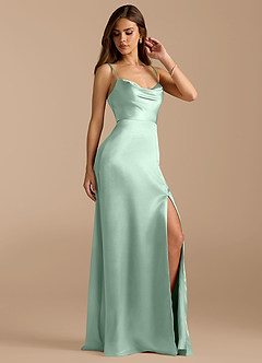 Azazie Erma Bridesmaid Dresses Agave A-Line Side Slit Metallic Satin Dress image3