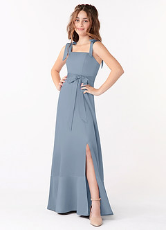 Azazie Barbara Vestido de Azul Polvoriento de Satin Mate de Acampanado con Lazo image1