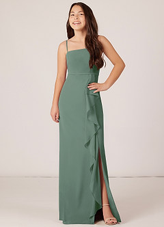 Azazie Kaylee Junior Eucalyptus A-Line with Belt Chiffon Dress image4