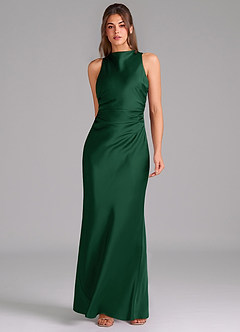 Azazie Evadne Bridesmaid Dresses Dark Green A-Line Pleated Stretch Satin Dress image3