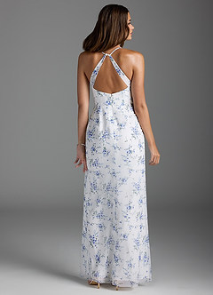 Azazie Becca Bridesmaid Dresses Blue Cottage Floral Sheath V-Neck Chiffon Dress image5