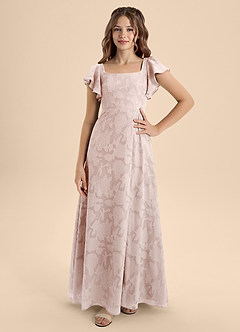 Azazie Bondi Junior Vestido de Rosa Rubor de Devorado Floral de Corte En A con Lazo image4