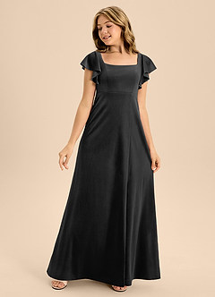 Azazie Bondi Junior Black A-Line Bow Velvet Dress image3