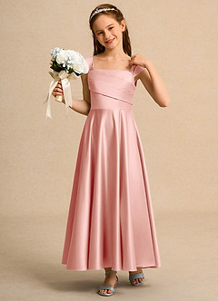 Azazie Bundle Junior Formal vestidos de niña de las flores Vestido de Rosetón de Satin Mate de Corte En A con Plisado image4