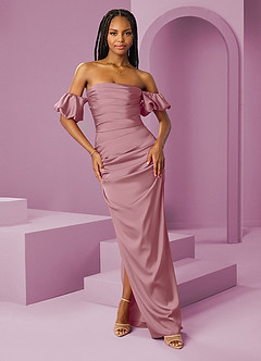 Barbie ♥ Azazie Bridesmaid Dresses Vintage Mauve Sheath Off the Shoulder Stretch Satin Convertible Dress image1