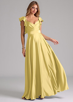 Azazie Leilani Bridesmaid Dresses Canary A-Line Ruched Stretch Satin Dress image1