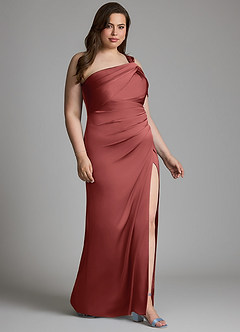 Azazie Wynter Bridesmaid Dresses Terracotta Sheath One Shoulder Stretch Satin Dress image9