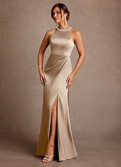 Azazie Lawrence Mother of the Bride Dresses Taupe A-Line Pleated Stretch Satin Dress image2