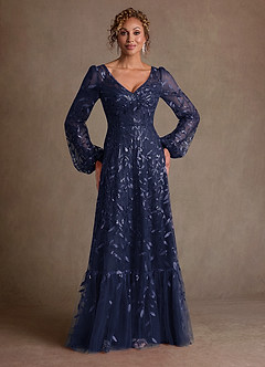 Azazie Mazie Klänningar till brudens mor Klä A-Line i Tyll Spets Mörk Marinblå image2