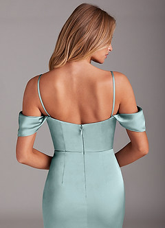 Azazie Saige Bridesmaid Dresses Sea Glass Sheath Off the Shoulder Stretch Satin Dress image8