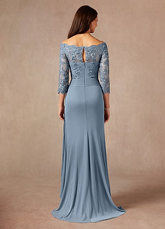 Azazie Rhonda Mother of the Bride Dresses Dusty Blue Mermaid Off the Shoulder Mesh Dress image2