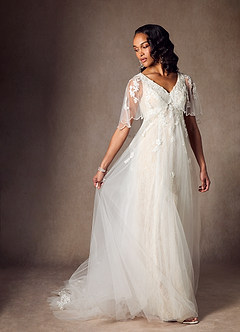 Azazie Renesmee Wedding Dresses Diamond White Champagne A-Line Sequins Tulle Dress image5