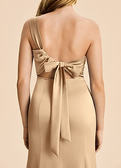 Azazie Ren Junior Champagne A-Line Pleated Stretch Satin Dress image6