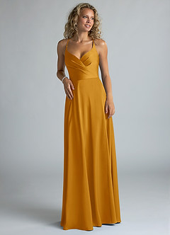 Azazie Davis Bridesmaid Dresses Butterscotch A-Line Pleated Stretch Satin Dress image4