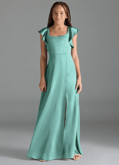 Azazie Bondi Junior Robe Trapèze en Satin extensible Fente Latérale Aqua image1