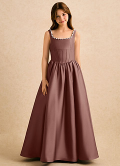 Azazie Enid Girls Formal Flower Girl Dresses Espresso A-Line Beaded Stretch Satin Dress image5