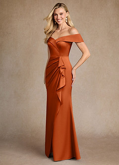 Azazie Laredo Vestidos para mãe da noiva Vestido Laranja Queimada de Cetim elástico de sereia com Fora do ombro image2