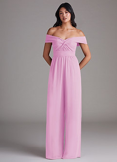 Azazie Lamara Bridesmaid Dresses Candy Pink Off the Shoulder Chiffon Convertible Jumpsuit image3