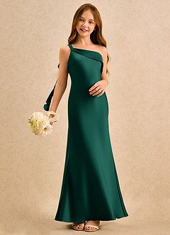 Azazie Almond Girls Formal vestidos de niña de las flores Vestido de Esmeralda de Satén Elástico de Corte Recto con Hombro unilateral image2