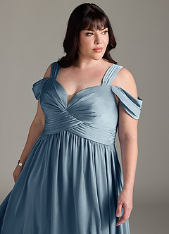 Azazie Lianne Robes de demoiselle d'honneur Robe Trapèze en Satin extensible Épaule décolletée Bleu Poussiéreux image14