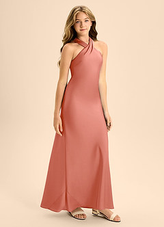 Azazie Doretta Junior Salmon Pink A-Line Pleated Stretch Satin Dress image6