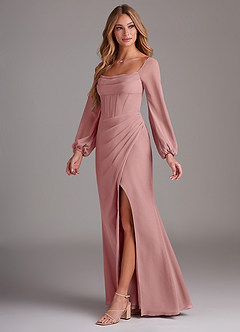 Azazie Charissa Brautjungfernkleider Etui Langarm Chiffon Kleid Altrosa image4
