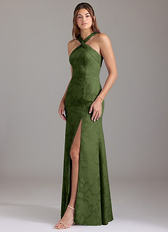 Azazie Rue Bridesmaid Dresses Olive A-Line Pleated Floral Burnout Dress image3