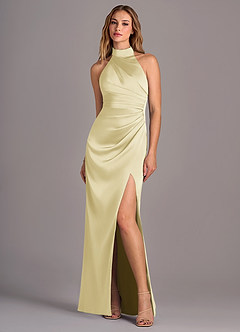 Azazie Jemma Bridesmaid Dresses Lemon Sorbet Sheath Pleated Stretch Satin Dress image1