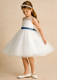 Azazie Lettie Blumenmädchenkleider Ballkleid Spitze Kleid Elfenbein Bermudablau image3