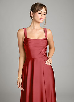 Azazie Shaude Bridesmaid Dresses Pomegranate A-Line Pleated Stretch Satin Dress image3
