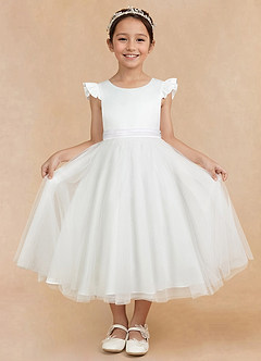 Azazie Hemi Abiti da Ragazza di Fiori Abito A-Line in Tulle Fiocco Avorio Bianco image3