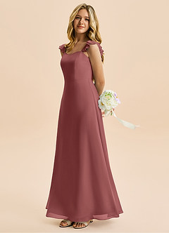 Azazie Mavie Junior A-linja Rypytetty Sifonki Lattian pituus Nuorempi morsiusneito Pukeutua image3