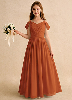 Azazie Chelo Girls Formal Abiti da Ragazza di Fiori Abito A-Line in Chiffon Plissettato Cannella image3