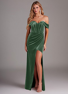Azazie Jas Jurken voor bruidsmeisjes Converteerbaar Jurk van flueel met Kolom Off-the-shoulder korset Eucalyptus image1