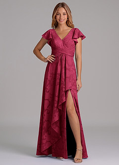 Azazie Omari 신부 들러리 드레스 A라인 주름진 플로럴 번아웃 바닥 길이 드레스 image1