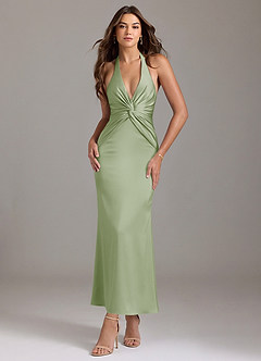 Azazie Valerie 신부 들러리 드레스 인어 주름진 스트레치 새틴 발목 길이 드레스 image1