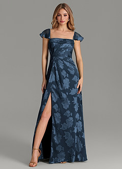 Azazie Savannah At-home Try On Dresses Dark Navy A-Line Pleated Floral Jacquard Burnout Dress image1