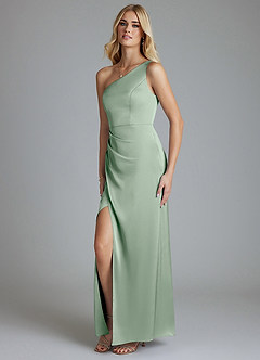 Azazie Adhara Final Sale Agave Sheath One Shoulder Stretch Satin Dress image8