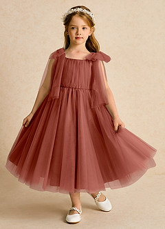 Azazie Dori Robe Demoiselle D'honneur Fillette Robe Trapèze en Tulle Rayé Auburn image2