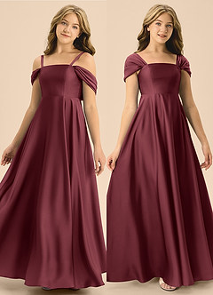Azazie Rowena Junior Vestido de Merlot de Satén Elástico de Corte en A con Lazo image1